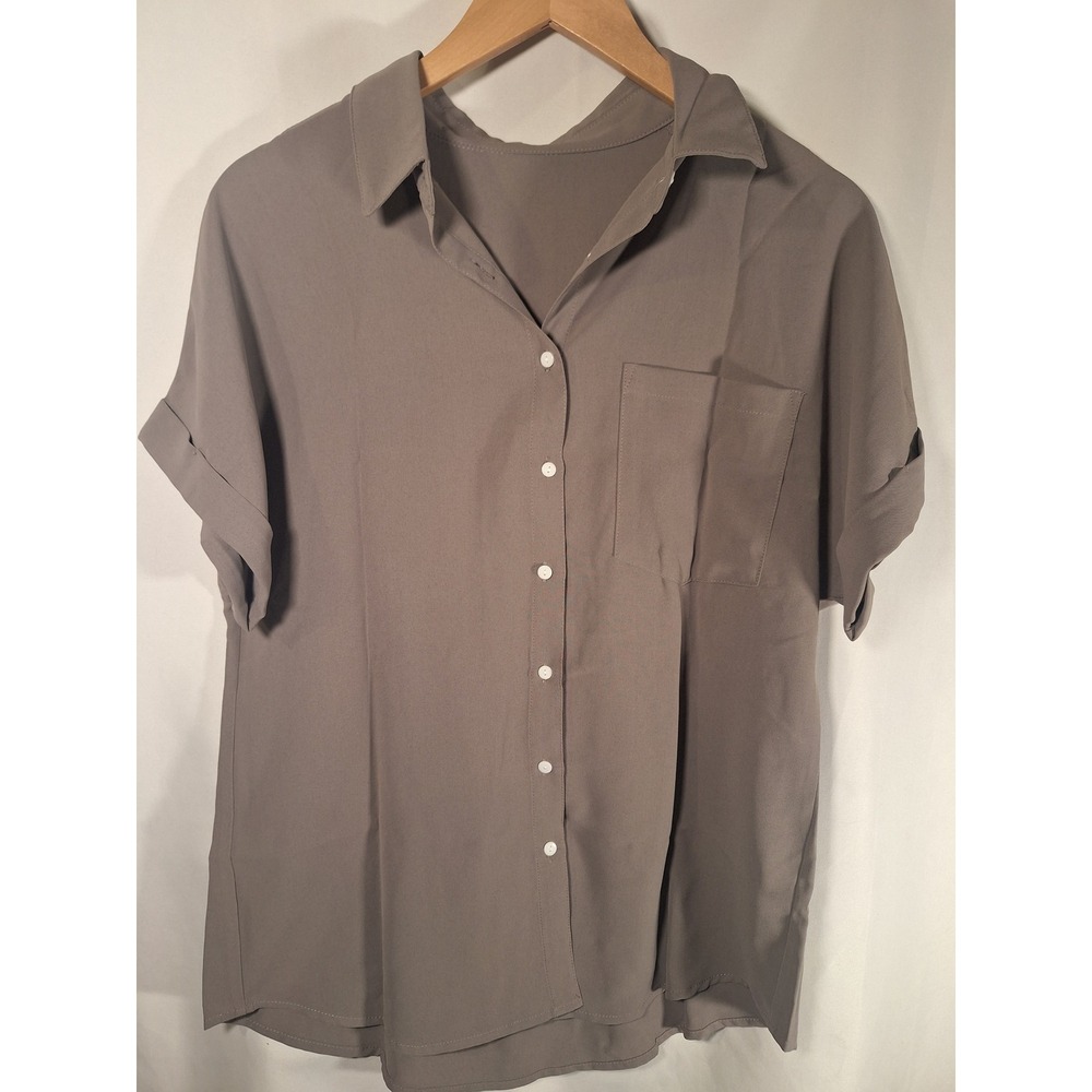 Grey Short‎ Sleeve Button Down Blouse Collared Pocket Top RP0154 Medium